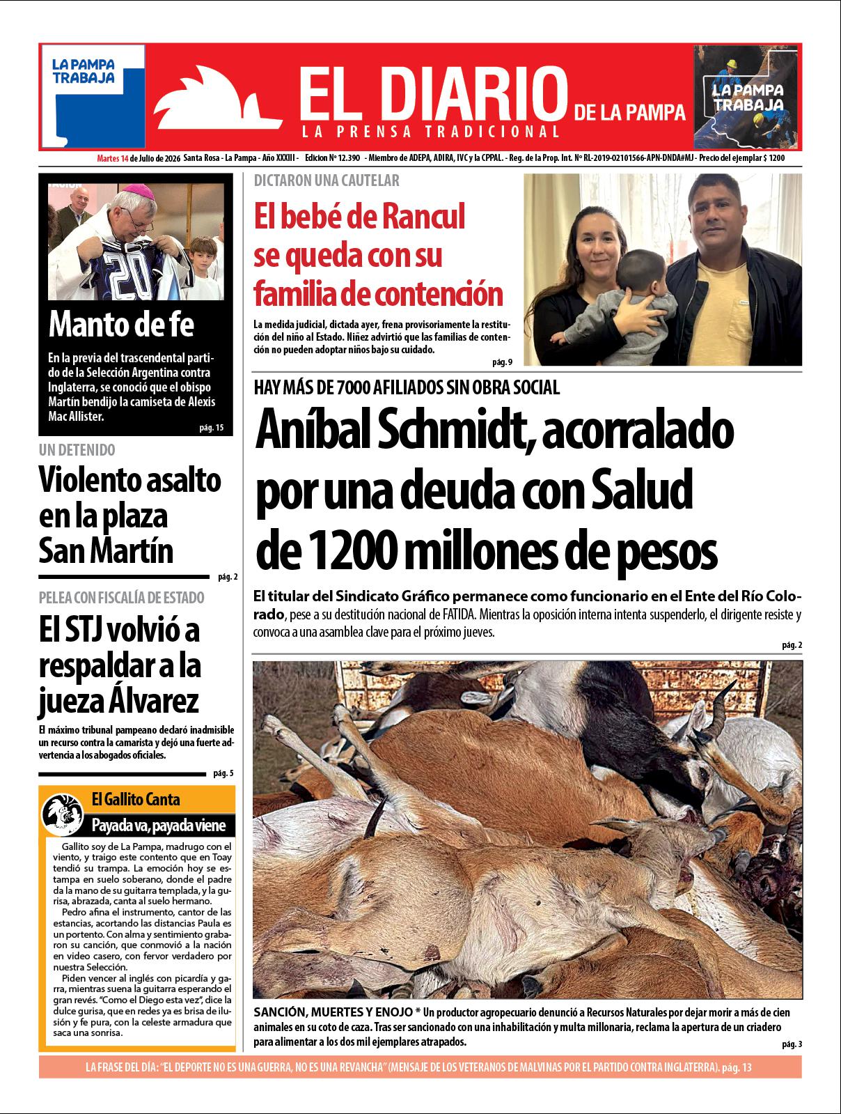 Tapa de El Diario en papel  martes 14 de julio de 2026